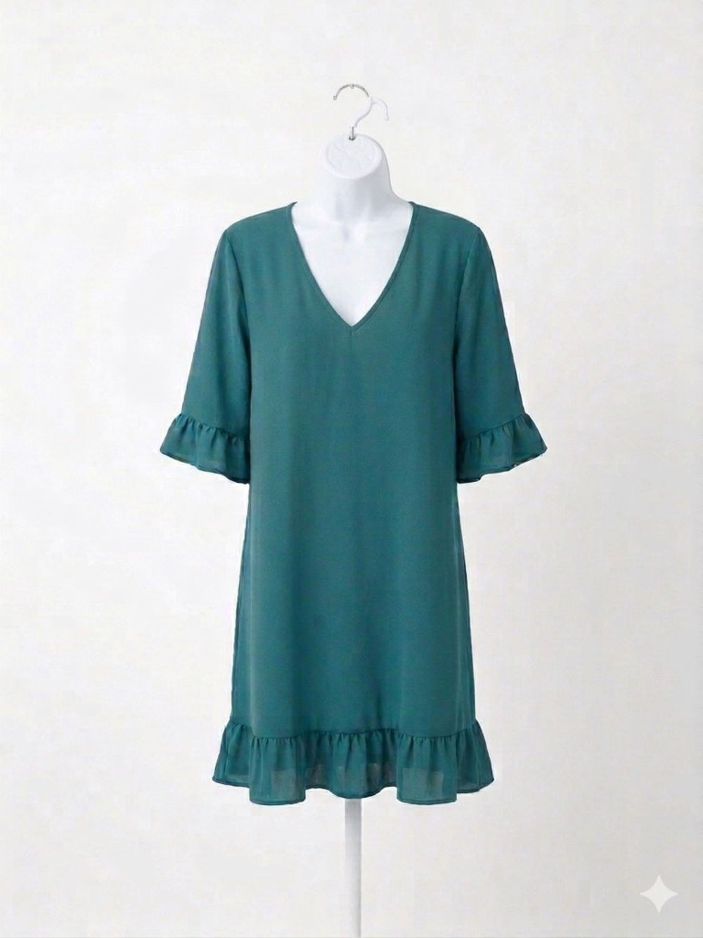 LUCKYMORE Teal Ruffle Sleeve Shift Dress